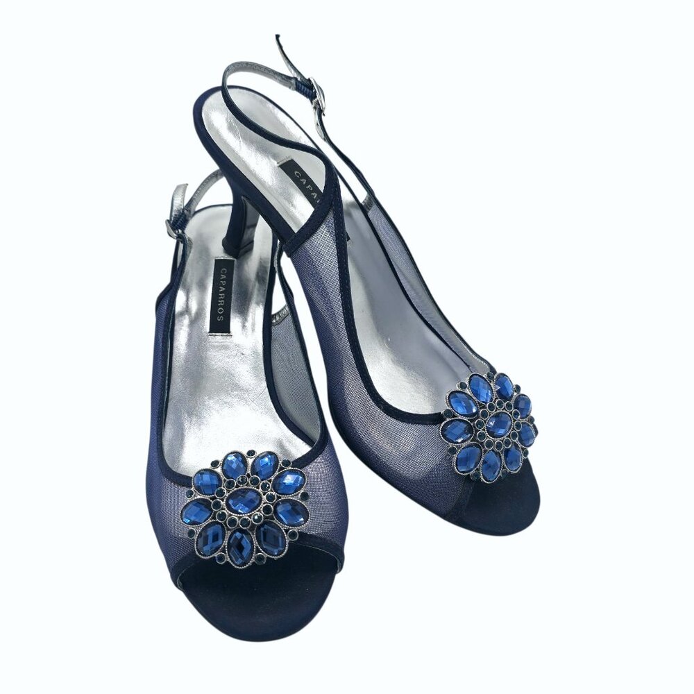 Caparros Goddess Slingback Heels Navy Blue Mesh Jeweled Peep Toe – Size 9W